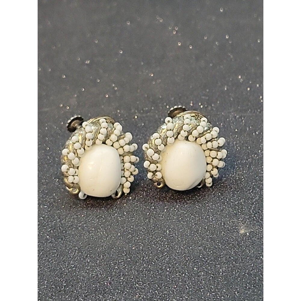 Miriam Haskell White Seed Bead Screw Back Earrings Signed